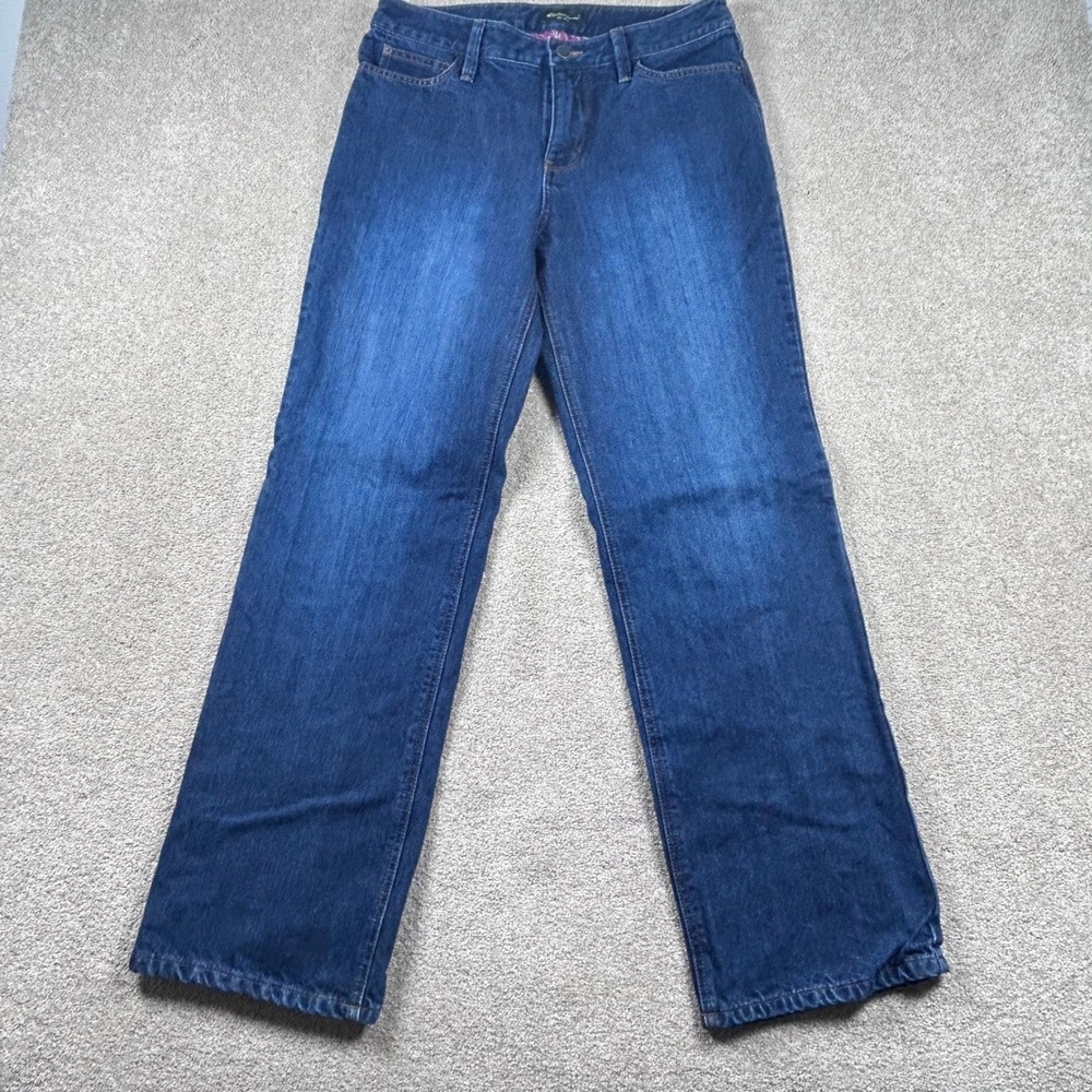 Eddie Bauer Women Flannel Lined Straight Leg Jeans Blue Denim Size 8 Padded 1393